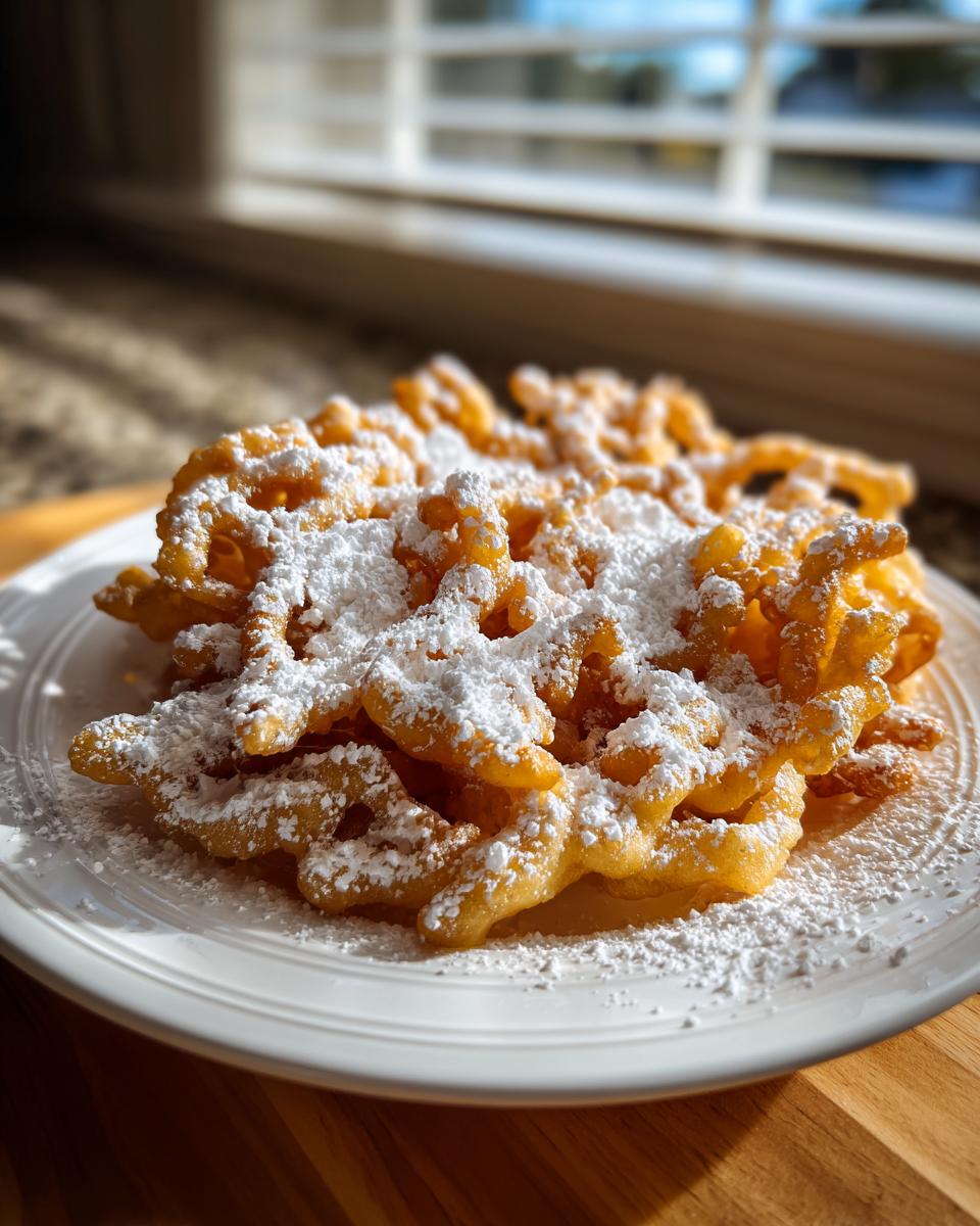 A golden brown, freshly fried funnel cake recipe dusted generously with powdered sugar on a white plate.