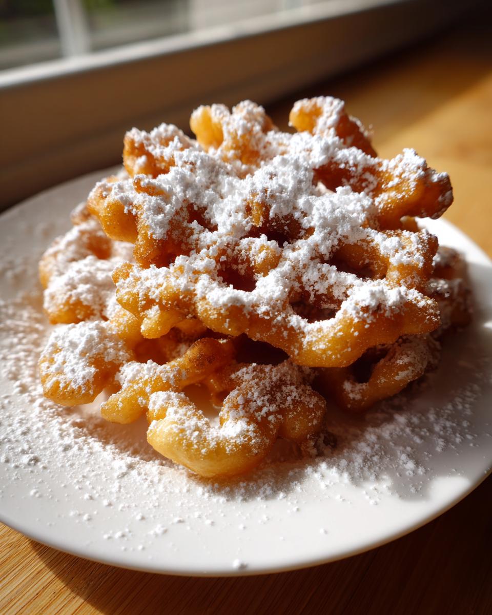 Close-up of several golden brown funnel cake recipe servings piled high and dusted generously with white powdered sugar.