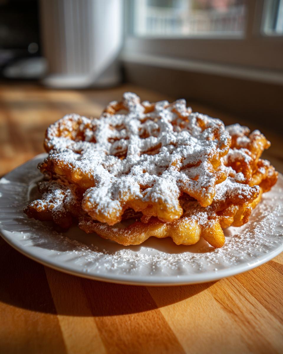 Close-up of golden brown funnel cake recipe portions heavily dusted with powdered sugar on a white plate.