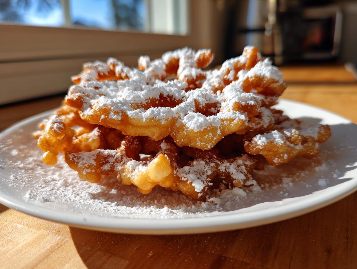 Close-up of golden brown funnel cake recipe stacked on a white plate and heavily dusted with powdered sugar.
