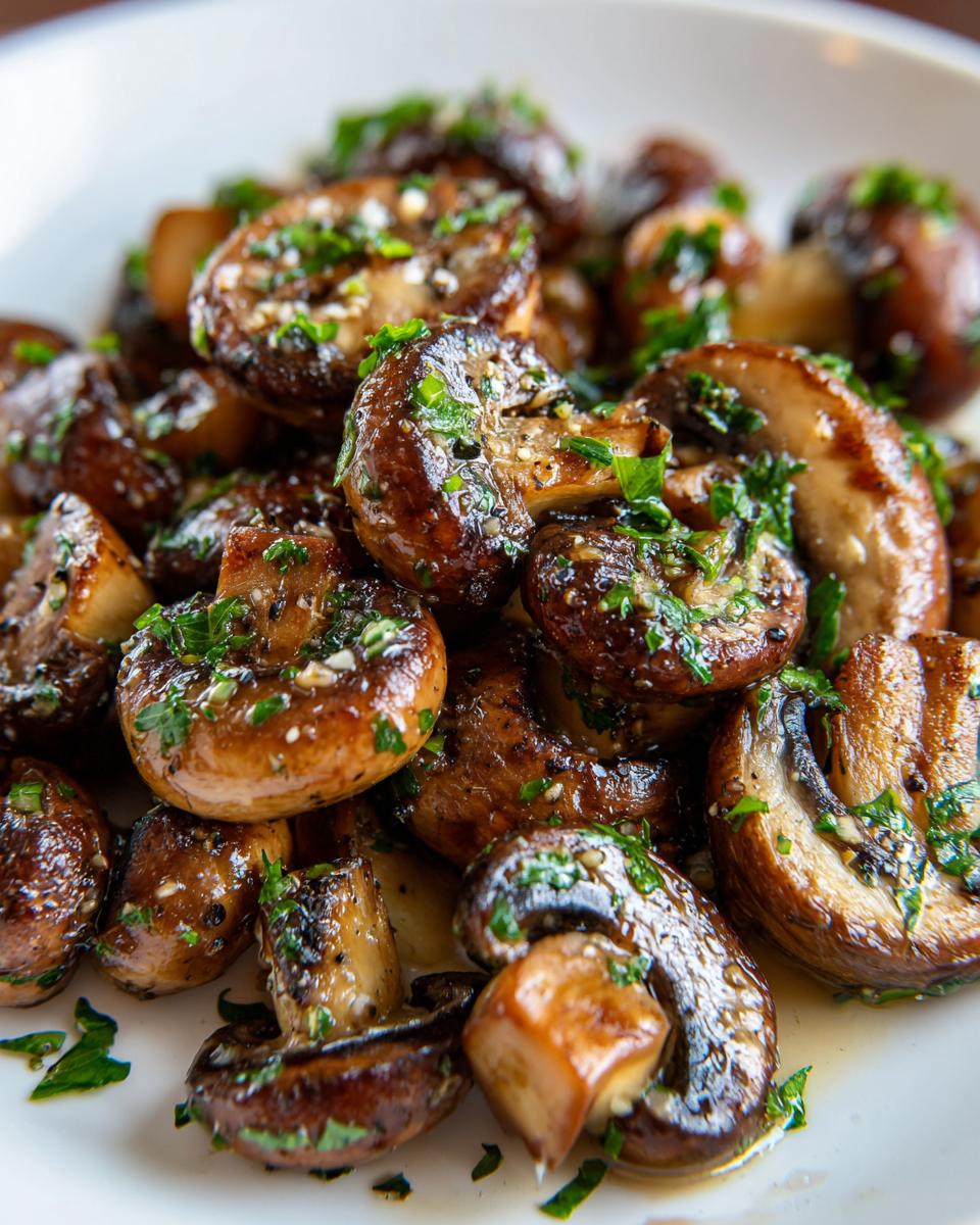 A close-up of perfectly sautéed Garlic Butter Mushrooms glistening with butter and topped with fresh chopped parsley.