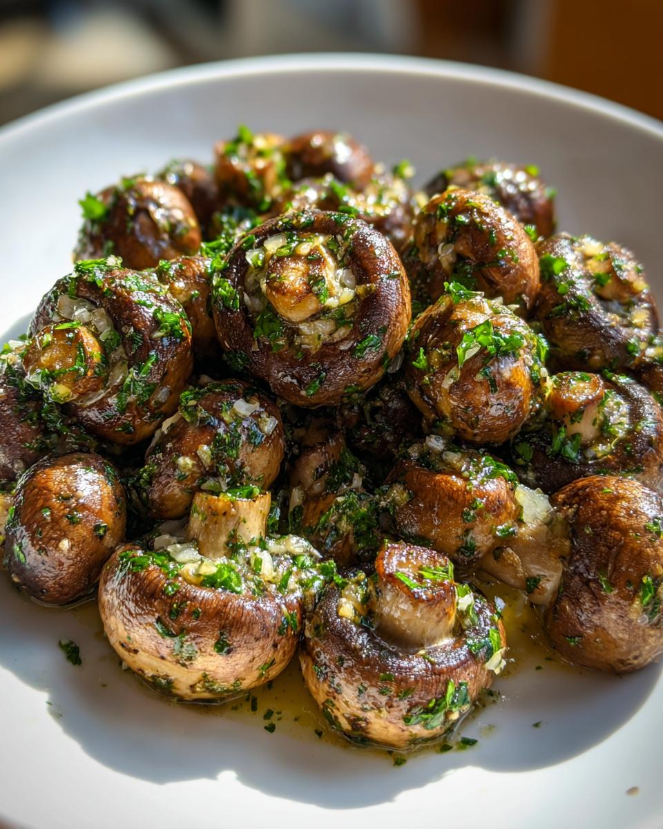 A close-up of glossy, sautéed garlic butter mushrooms topped with fresh parsley, served in a white bowl.