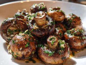 A close-up photo of whole, sautéed garlic butter mushrooms glistening in sauce and topped with fresh parsley.
