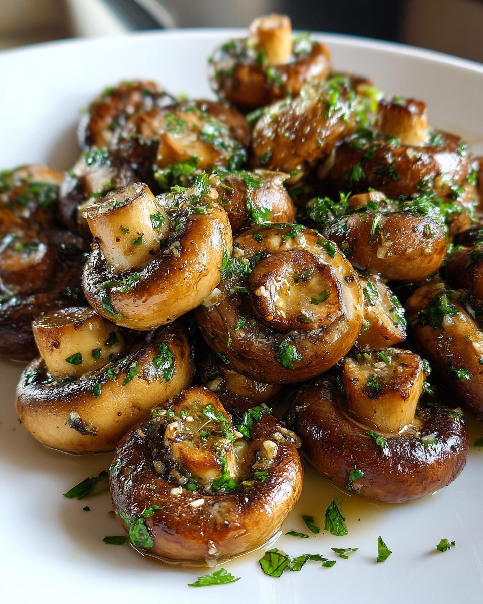 A close-up of glossy, browned garlic butter mushrooms topped with fresh chopped parsley, ready to serve.