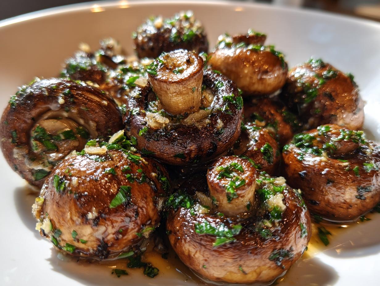 A close-up photo of whole, sautéed garlic butter mushrooms glistening in sauce and topped with fresh parsley.
