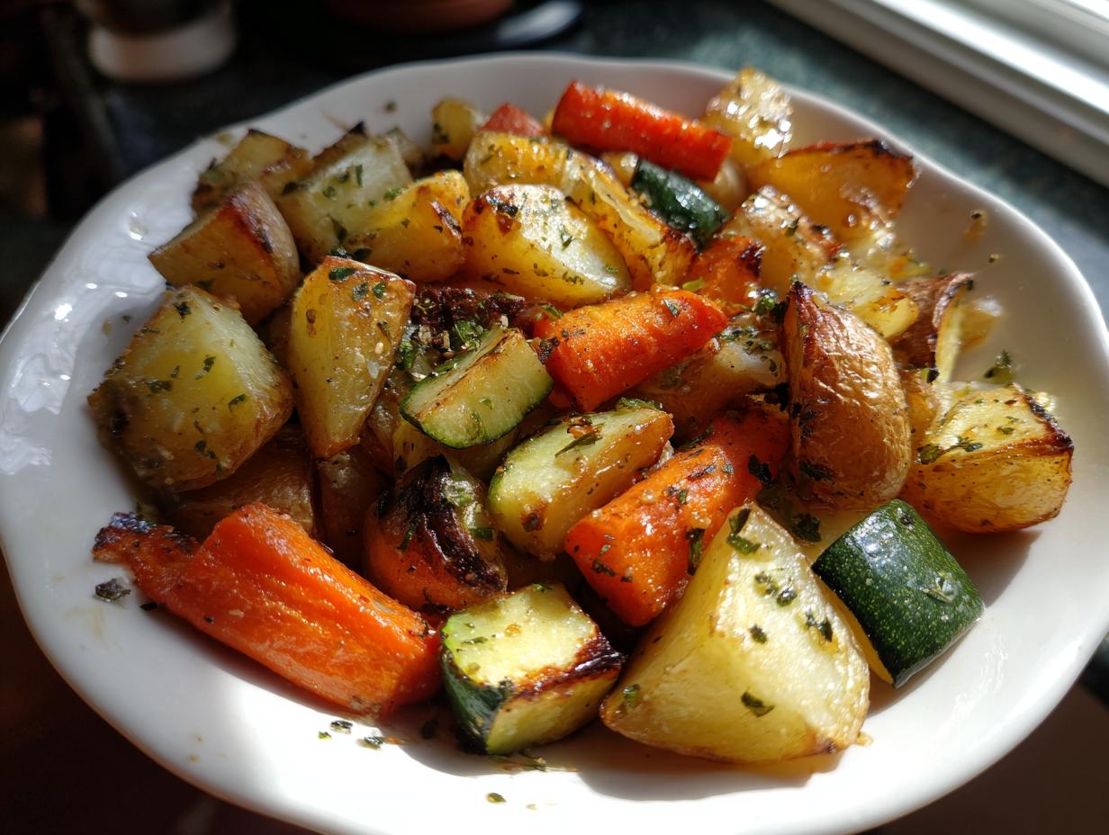 A white bowl filled with golden brown Garlic Herb Roasted Veggies, including potatoes, carrots, and zucchini.