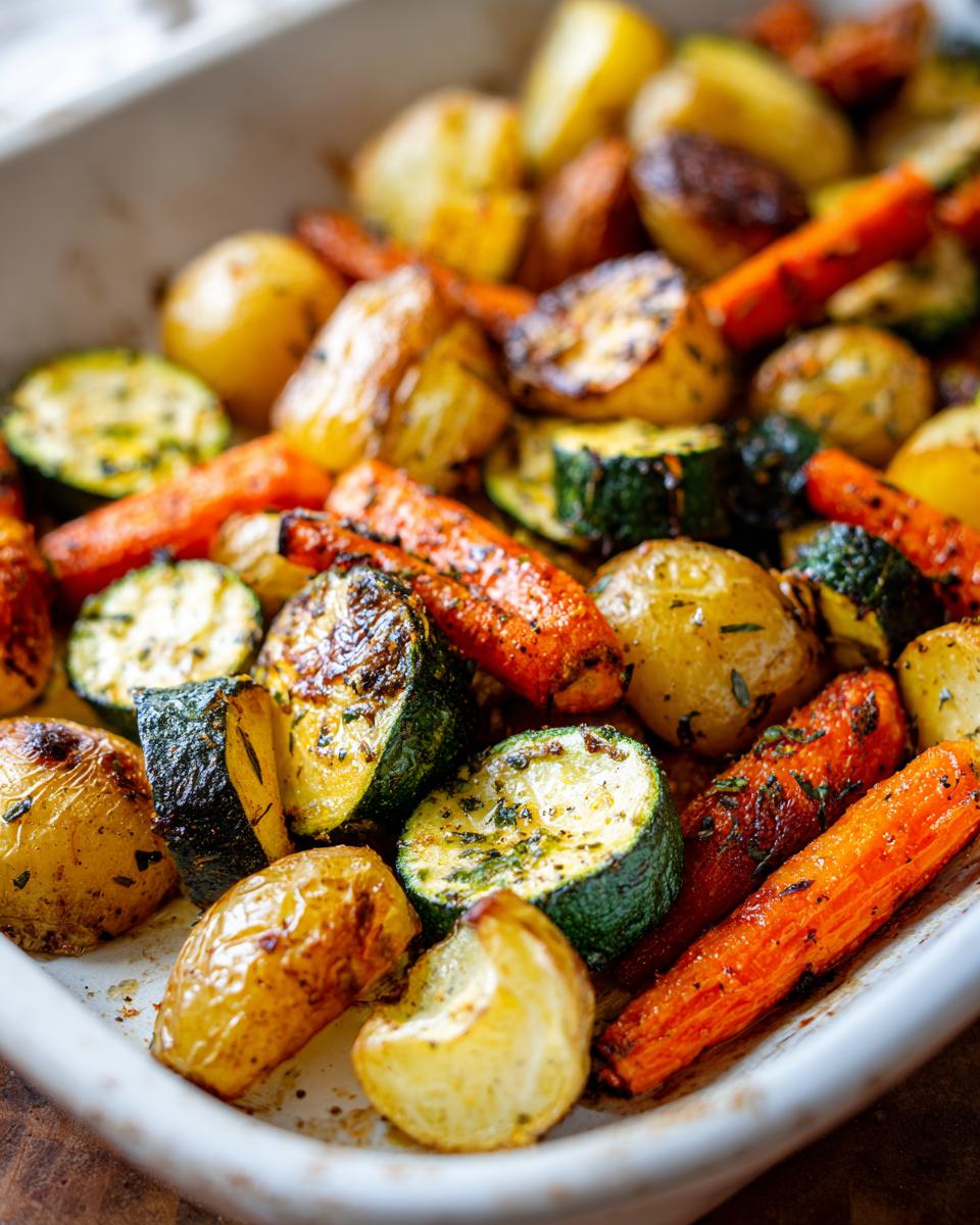 Close-up of roasted potatoes, carrots, and zucchini seasoned with herbs, showcasing caramelized edges of the Garlic Herb Roasted Veggies.