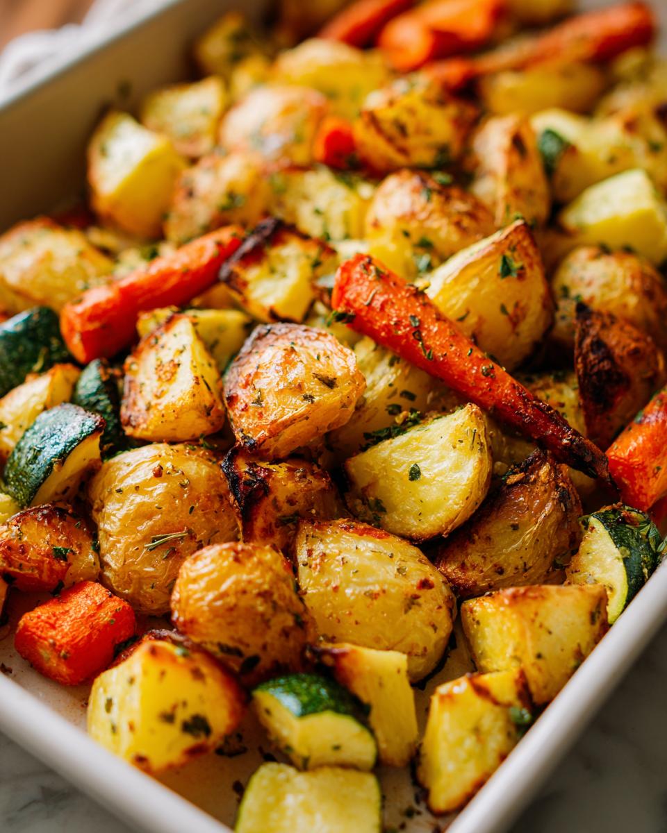 Close-up of golden brown potatoes, carrots, and zucchini seasoned with herbs for Garlic Herb Roasted Veggies.