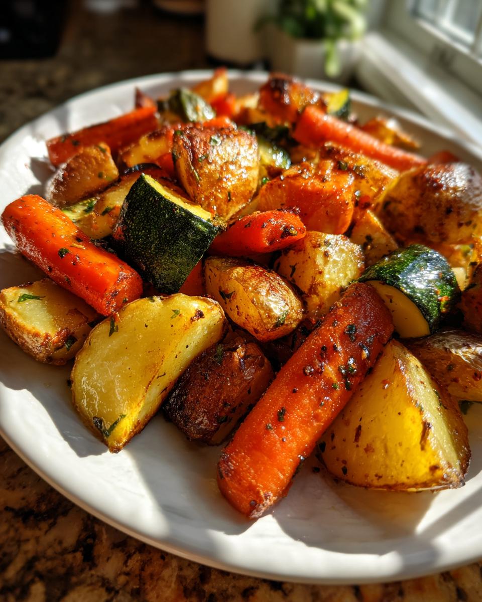 Close-up of vibrant Garlic Herb Roasted Veggies including carrots, potatoes, and zucchini on a white plate.
