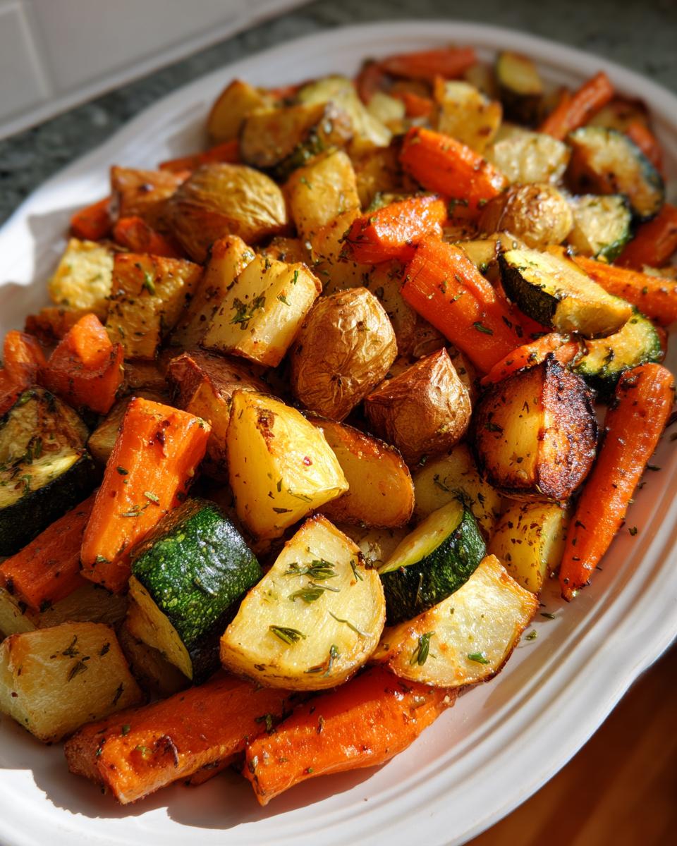 A close-up of golden brown Garlic Herb Roasted Veggies including potatoes, carrots, and zucchini on a white platter.