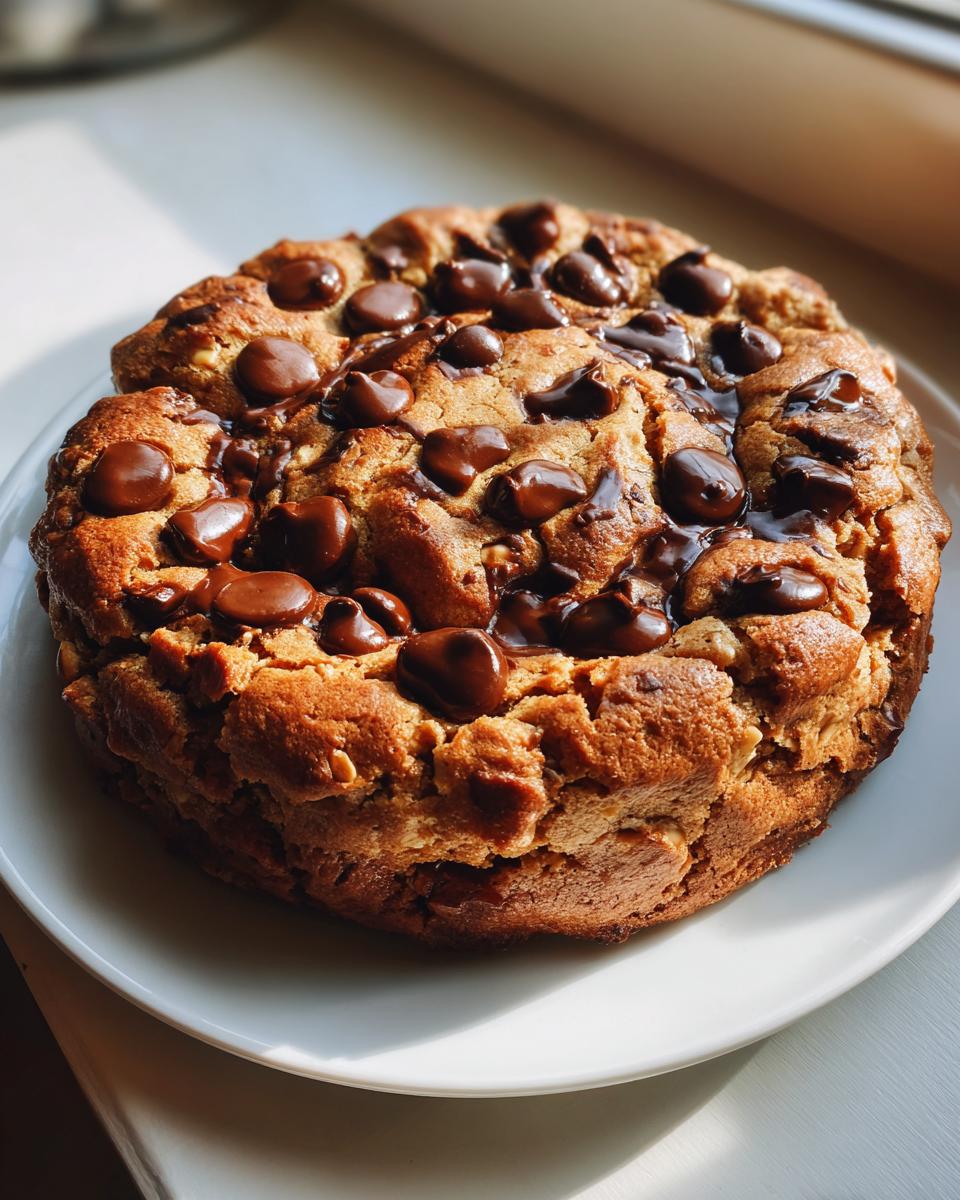 A giant, thick levain bakery chocolate chip cookie topped with melted chocolate chips, sitting on a white plate.