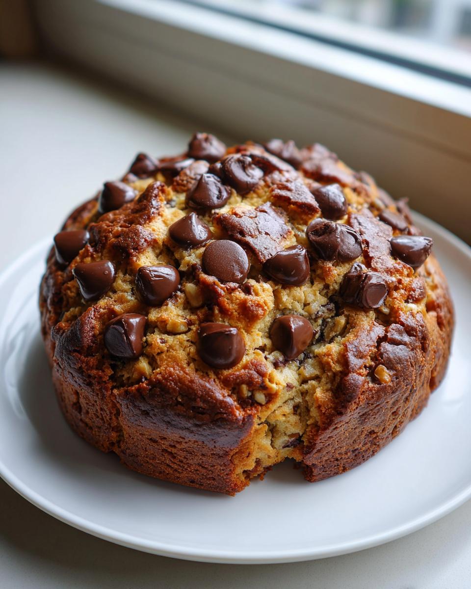 A large, thick, golden-brown bake resembling giant levain bakery chocolate chip cookies, topped with melted chocolate chips.