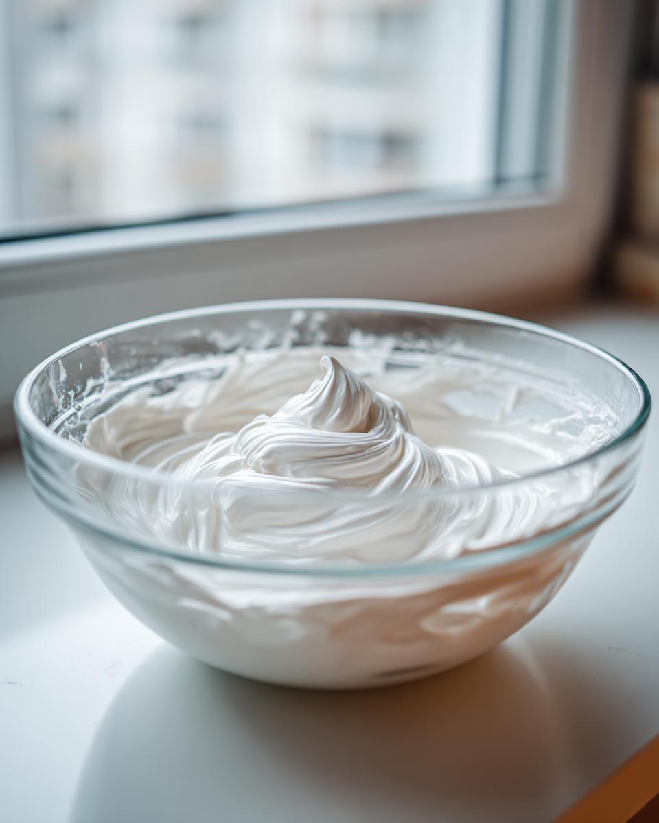 A clear glass bowl filled with glossy, perfectly stiff white royal icing recipe mixture.