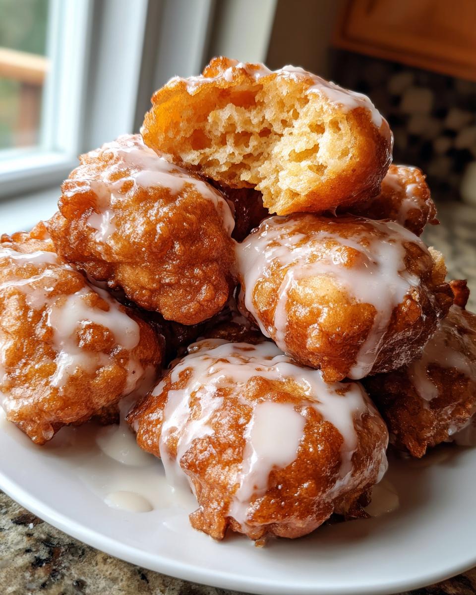 A stack of golden brown, freshly fried apple fritter pieces drizzled generously with white glaze.