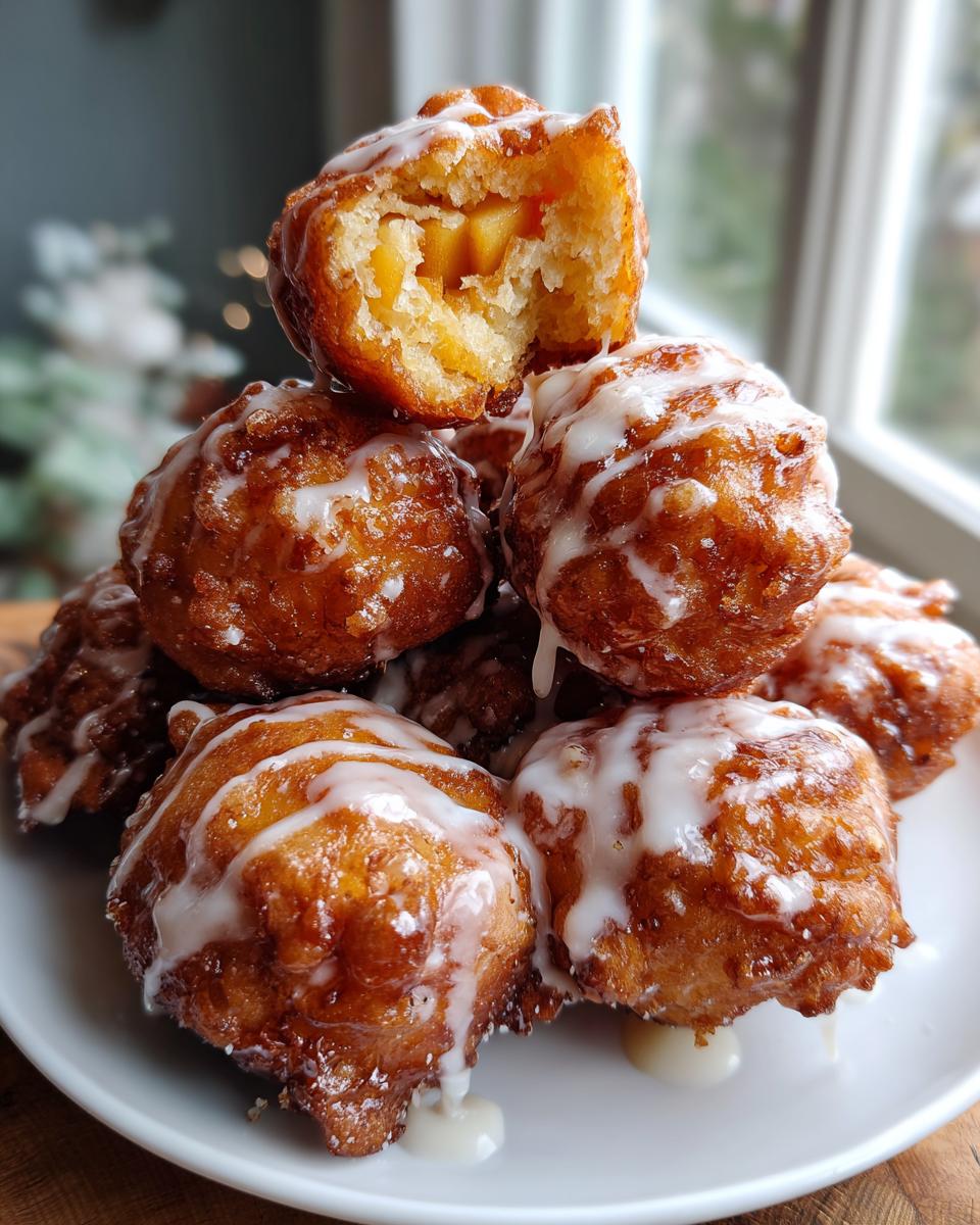 A stack of golden brown, glazed apple fritter bites, with one broken open showing chunks of apple inside.