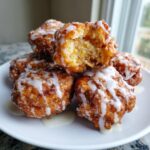 A stack of golden brown, glazed apple fritter balls, with one broken open showing the interior texture.