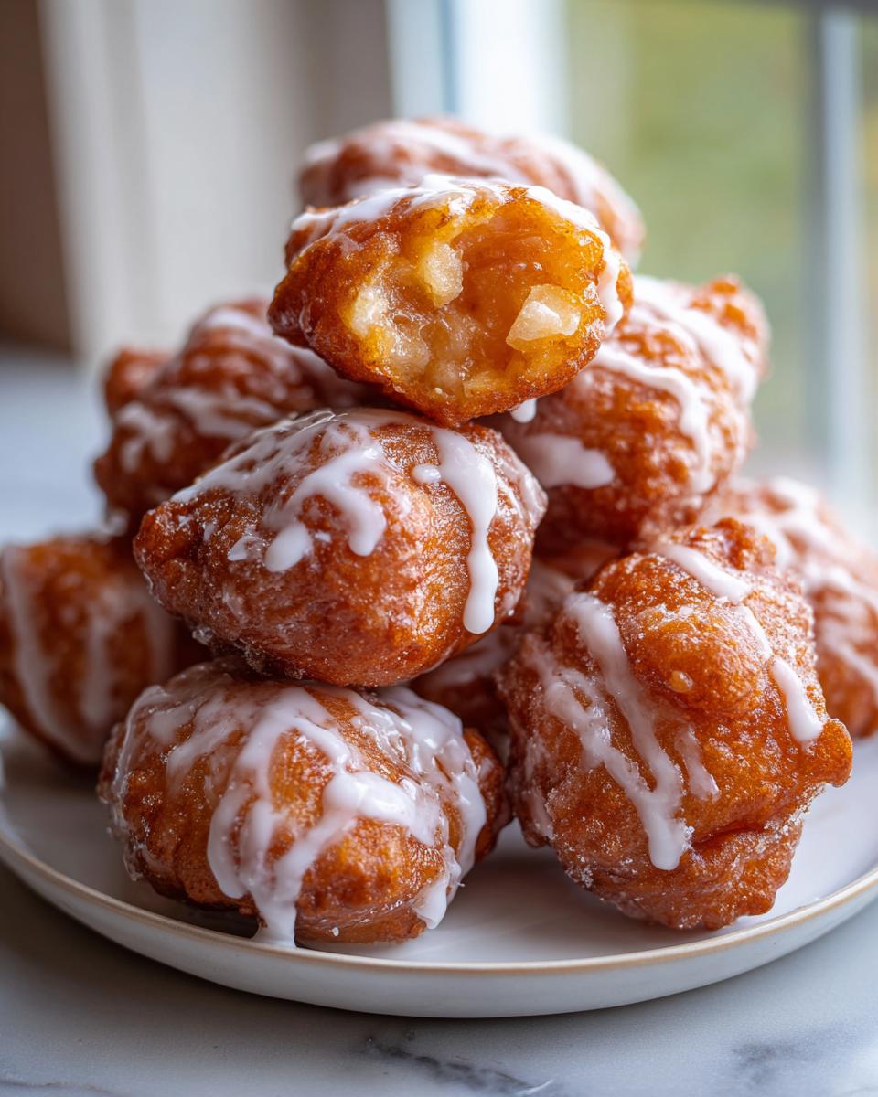 A tempting stack of golden brown, glazed apple fritter bites, with one broken open showing chunks of apple inside.
