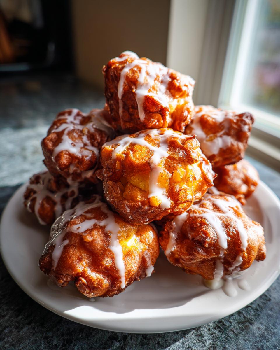 A tempting stack of golden brown, freshly fried apple fritter pieces drizzled with white glaze on a white plate.