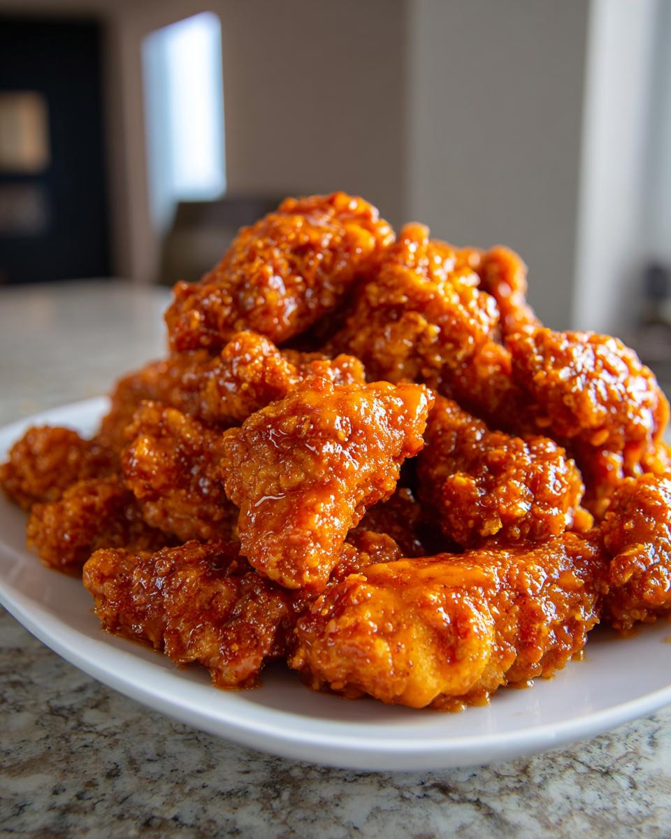 A close-up of a large pile of crispy, saucy bang bang chicken pieces stacked high on a white plate.