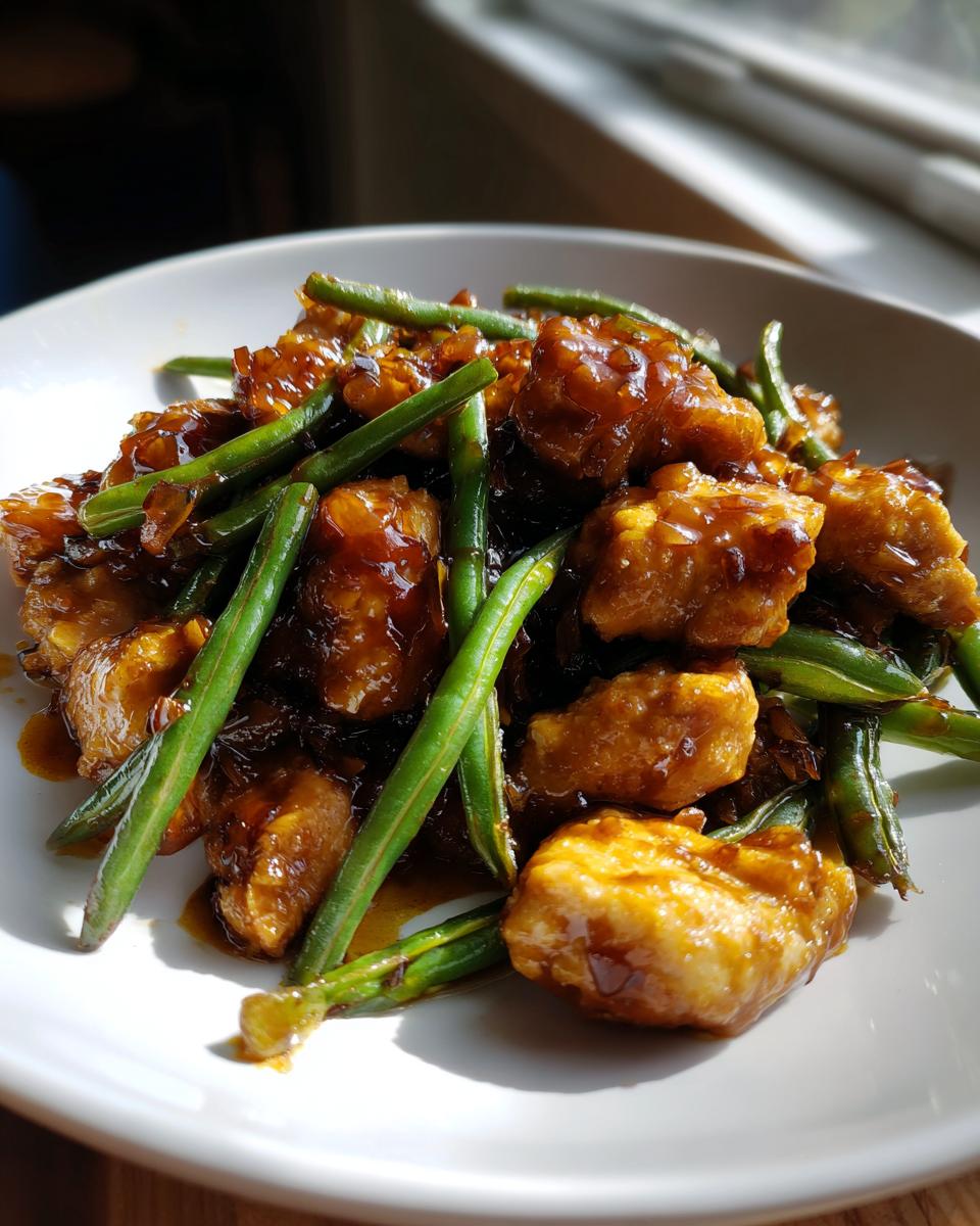 Close-up of a plate featuring saucy, glazed chicken pieces mixed with bright green beans, a perfect chicken and green beans dish.