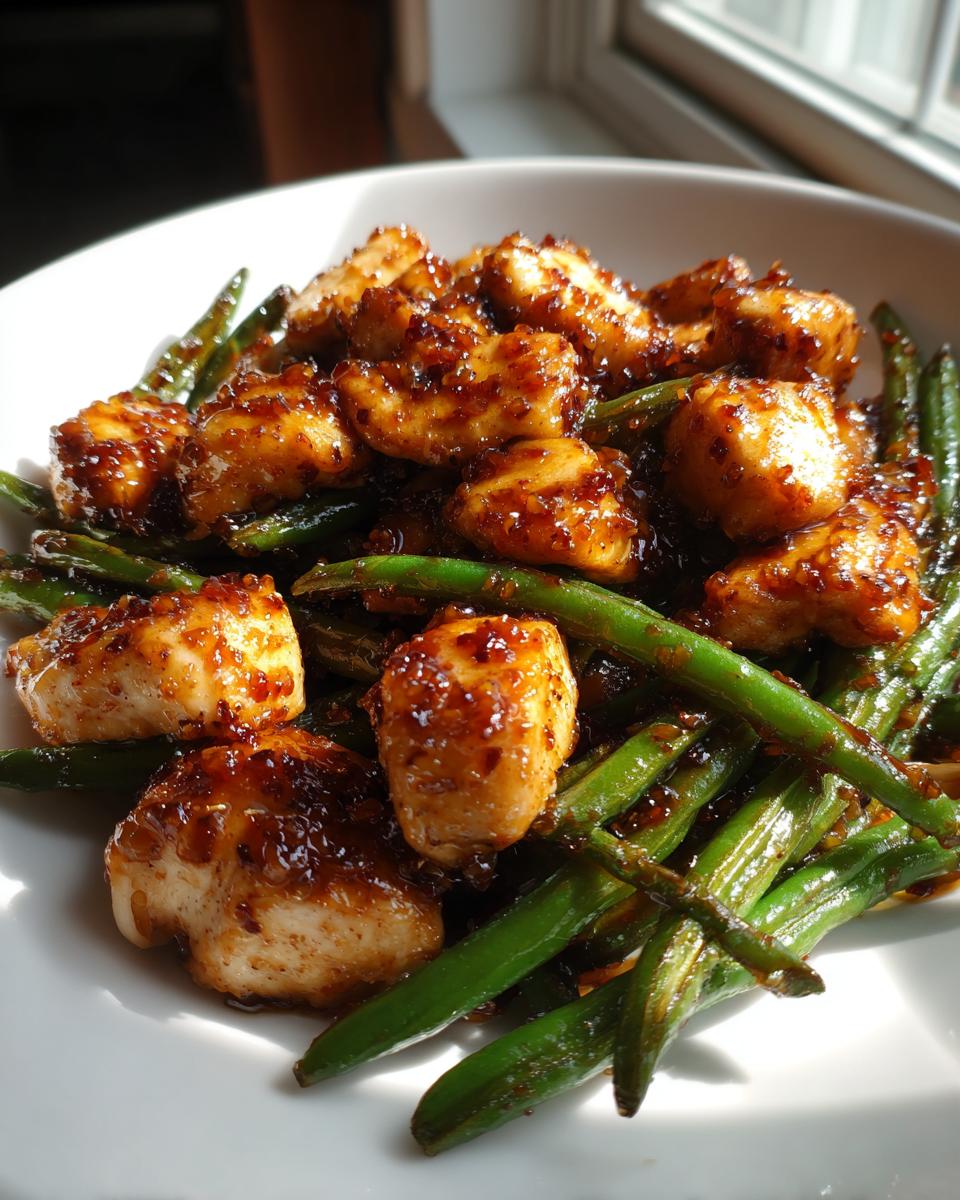 Close-up of glazed chicken pieces served over bright green beans, a delicious chicken and green beans dish.