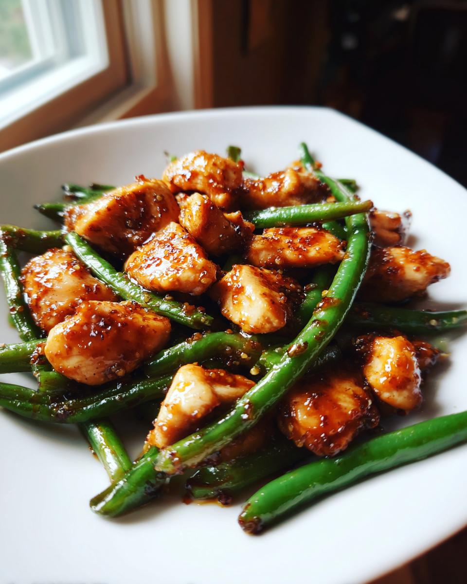 Close-up of glossy, glazed chicken pieces mixed with vibrant green beans, a perfect chicken and green beans dish.
