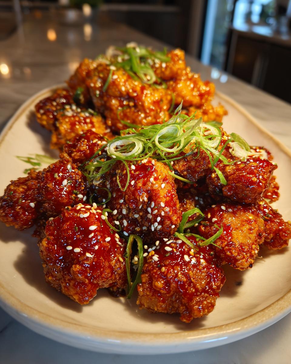 Close-up of crispy Korean fried chicken pieces coated in a glossy red sauce, sprinkled with sesame seeds and green onions.