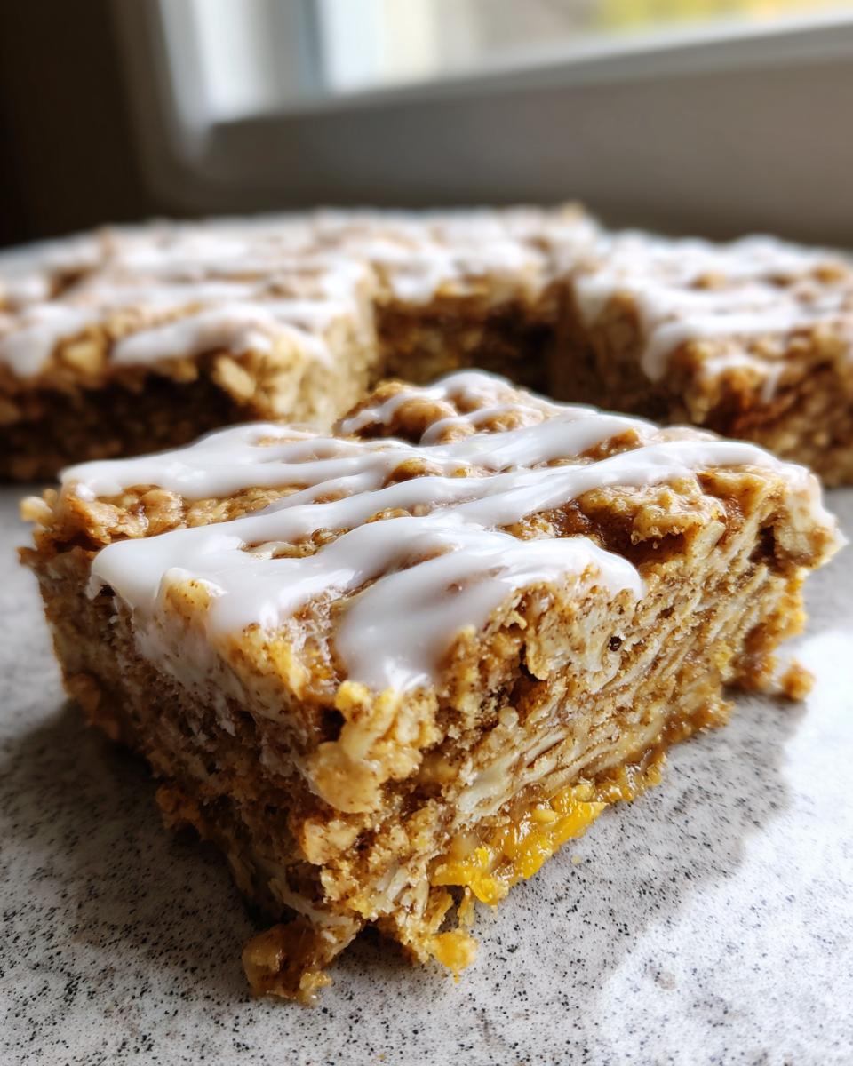 A close-up view of a thick slice of baked oatmeal bars drizzled with white icing.