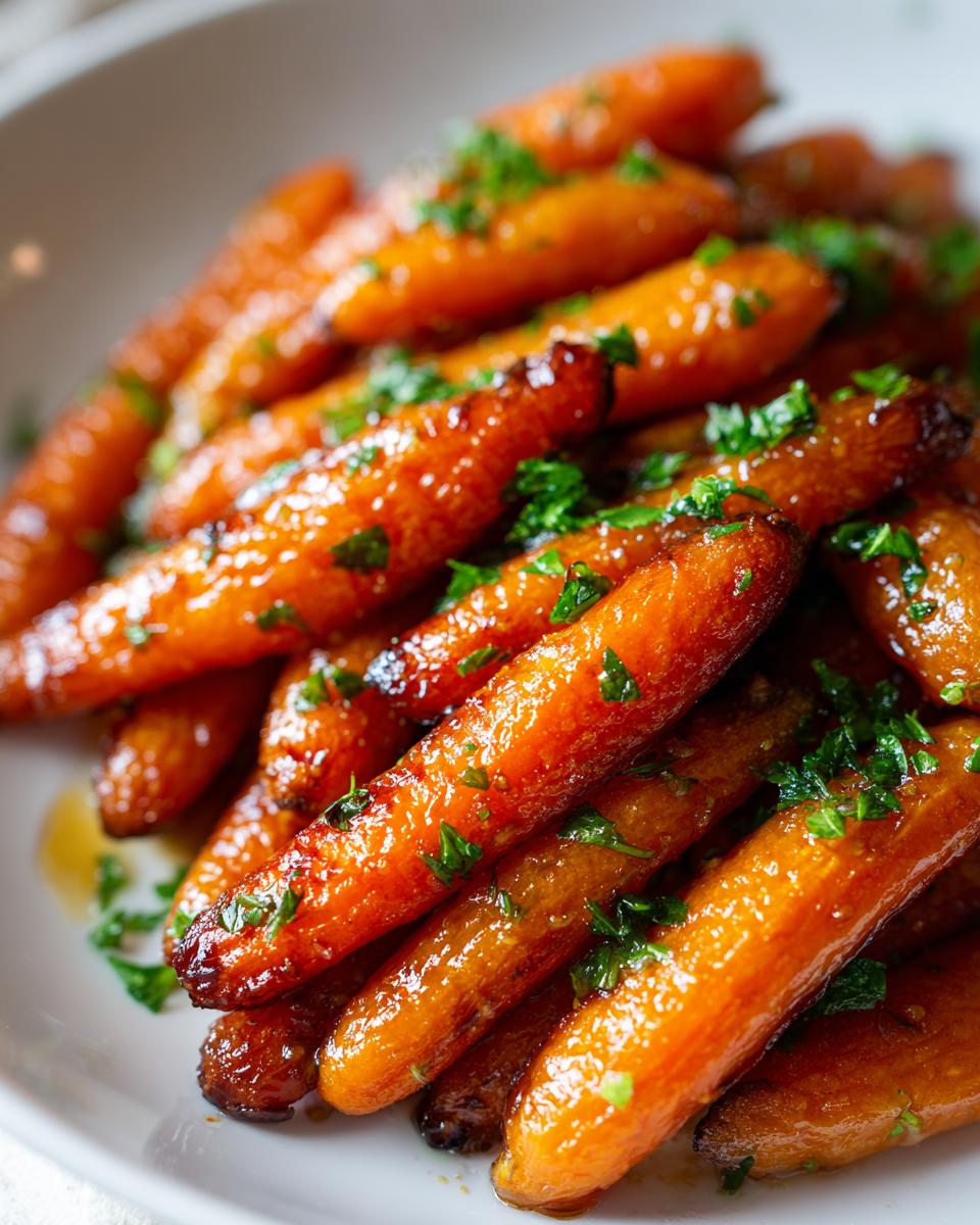 A close-up shot of glossy, glazed roasted baby carrots sprinkled with fresh chopped parsley, ready to serve.