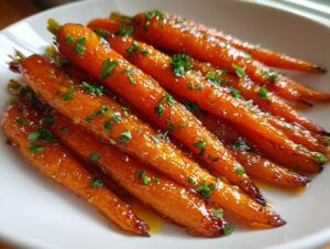 Close-up of beautifully glazed roasted baby carrots topped with fresh chopped parsley.