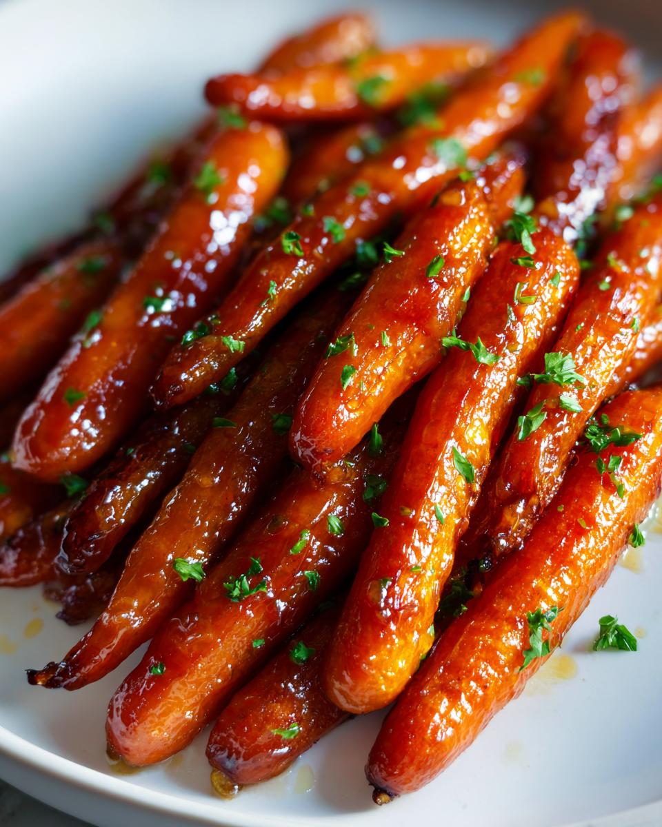 Close-up of glossy, glazed roasted baby carrots sprinkled with fresh green parsley.