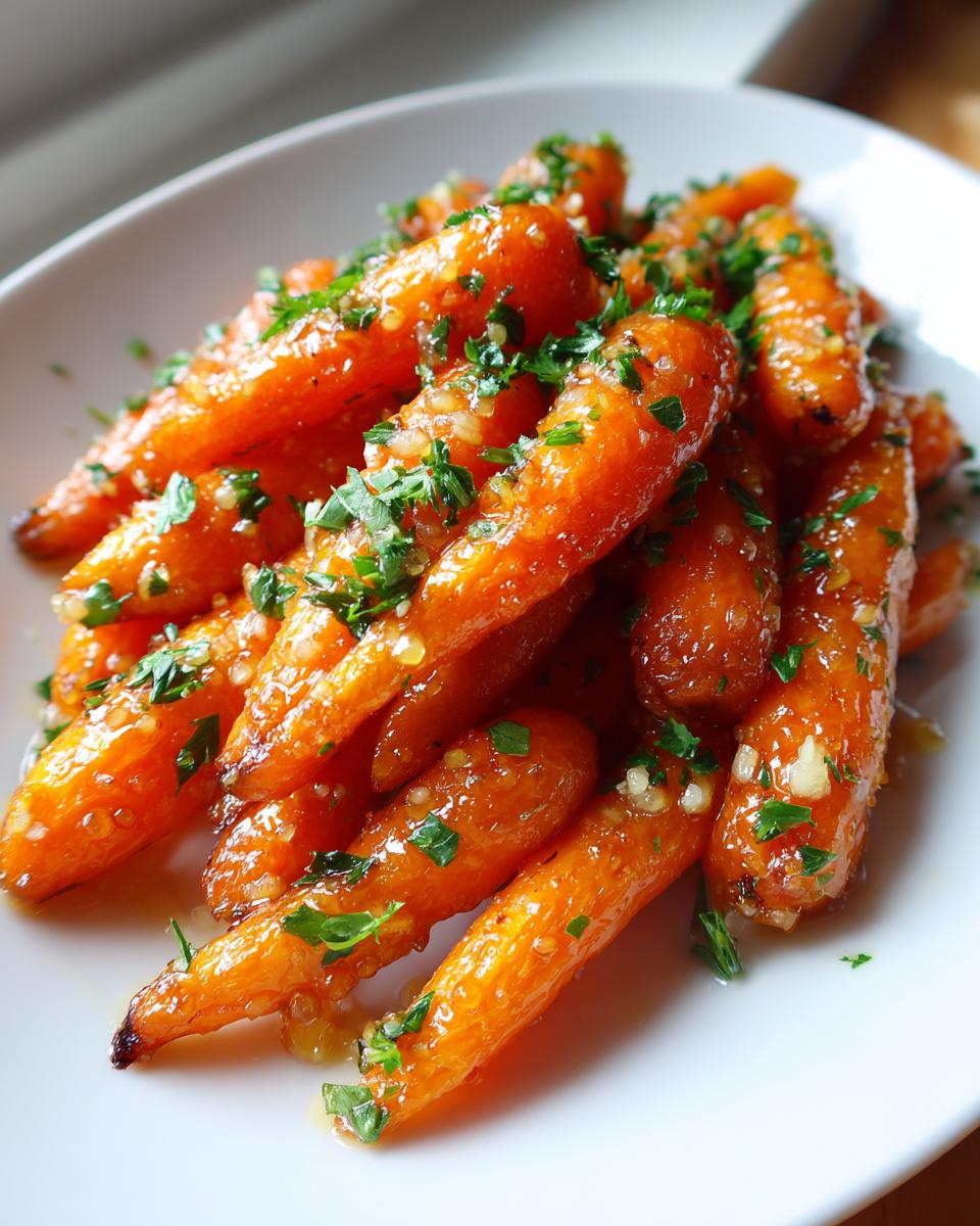 Close-up of glossy, glazed roasted baby carrots topped with minced garlic and fresh parsley.