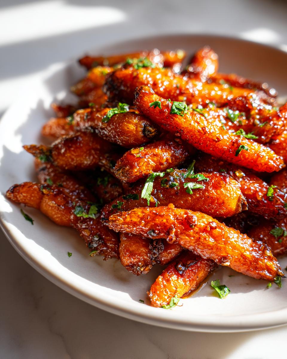 A close-up of beautifully glazed roasted baby carrots sprinkled with fresh parsley on a white plate.