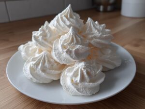 A stack of freshly baked, white, piped meringue cookies piled high on a small white plate.