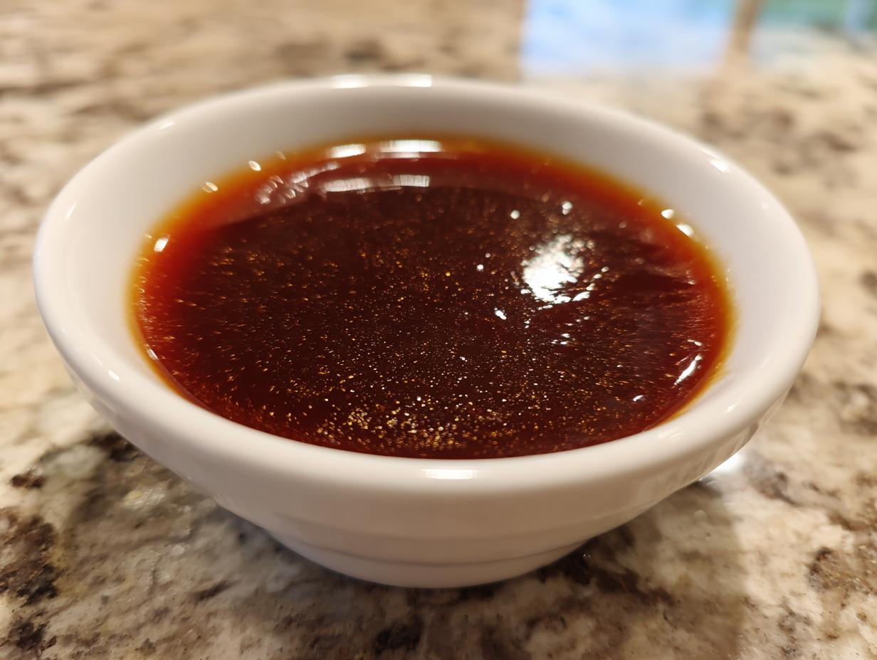 Close-up of glossy, dark brown homemade teriyaki sauce in a small white bowl on a granite countertop.