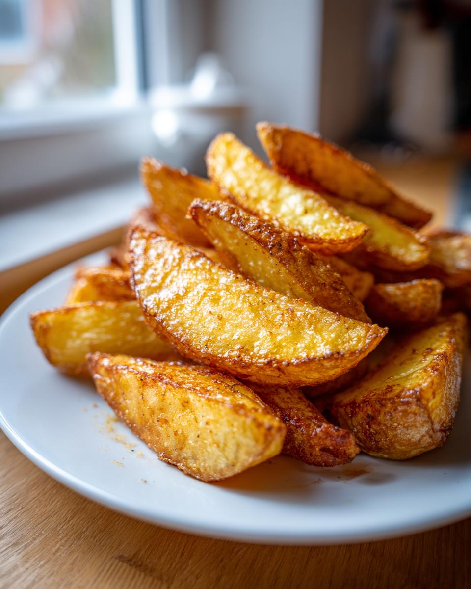 Close-up of perfectly golden and crispy air fryer potato wedges piled high on a white plate.