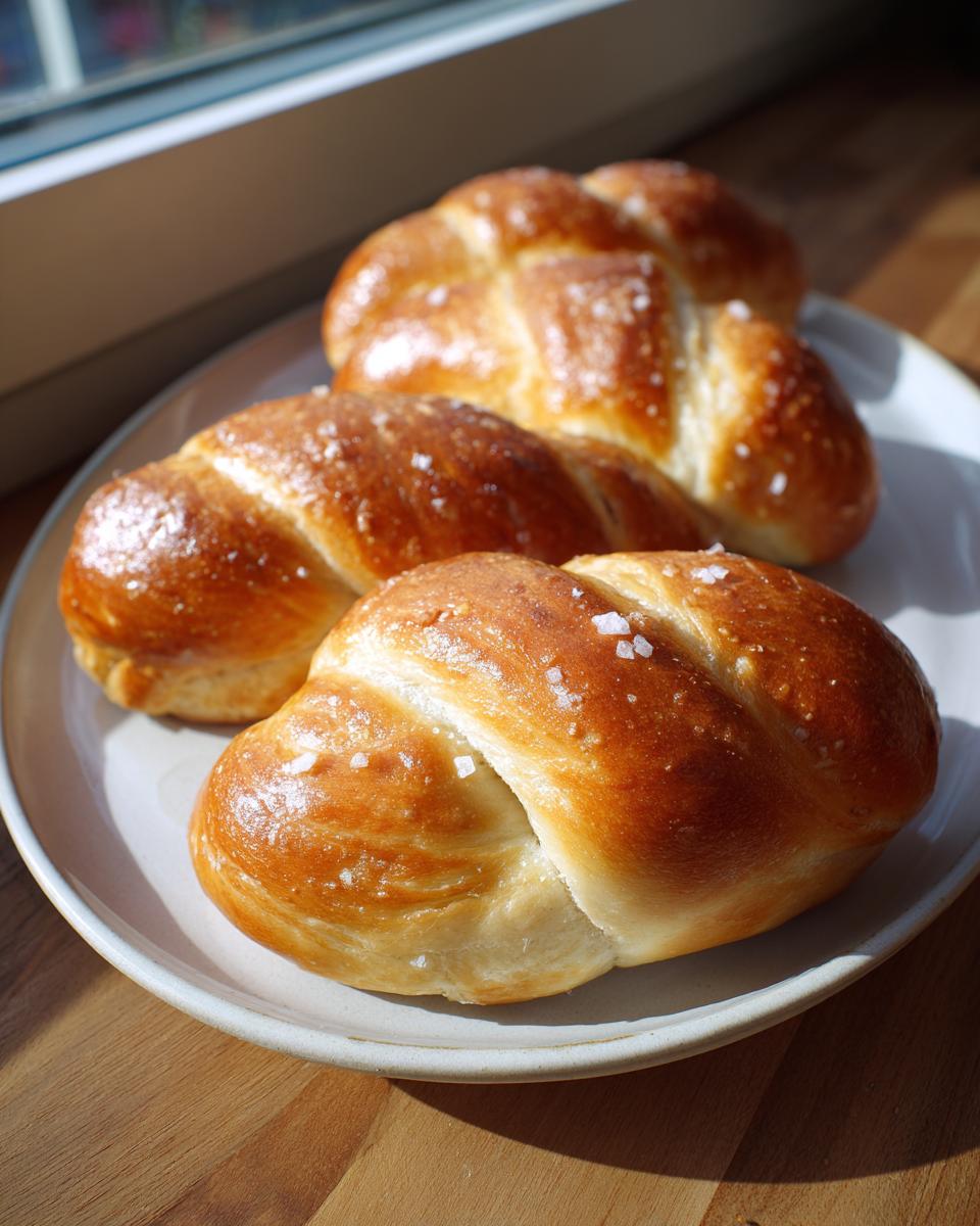 Three golden brown, braided pretzel buns topped with coarse salt, ready to be used for pretzel dogs.