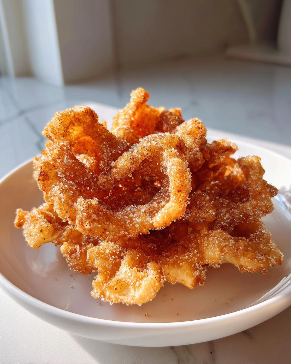 A pile of freshly fried, crispy buñuelos heavily coated in sparkling cinnamon sugar.