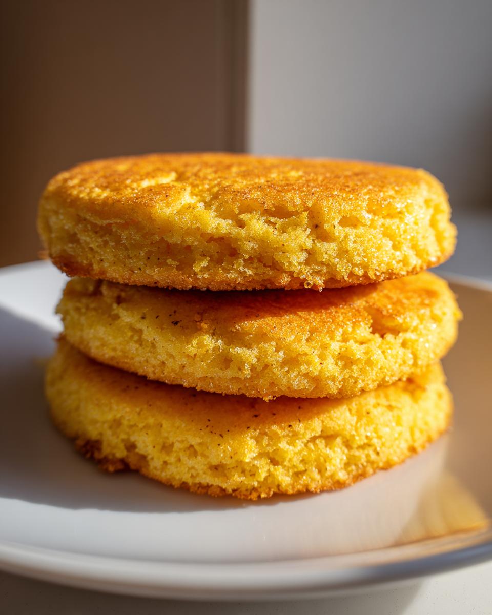 Close-up of three golden, thick rounds of fried cornbread stacked on a white plate.