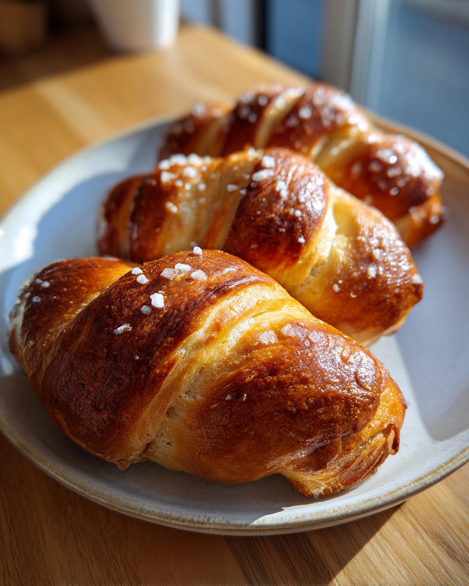 Three golden brown pretzel dogs buns sprinkled with coarse salt resting on a light-colored plate.
