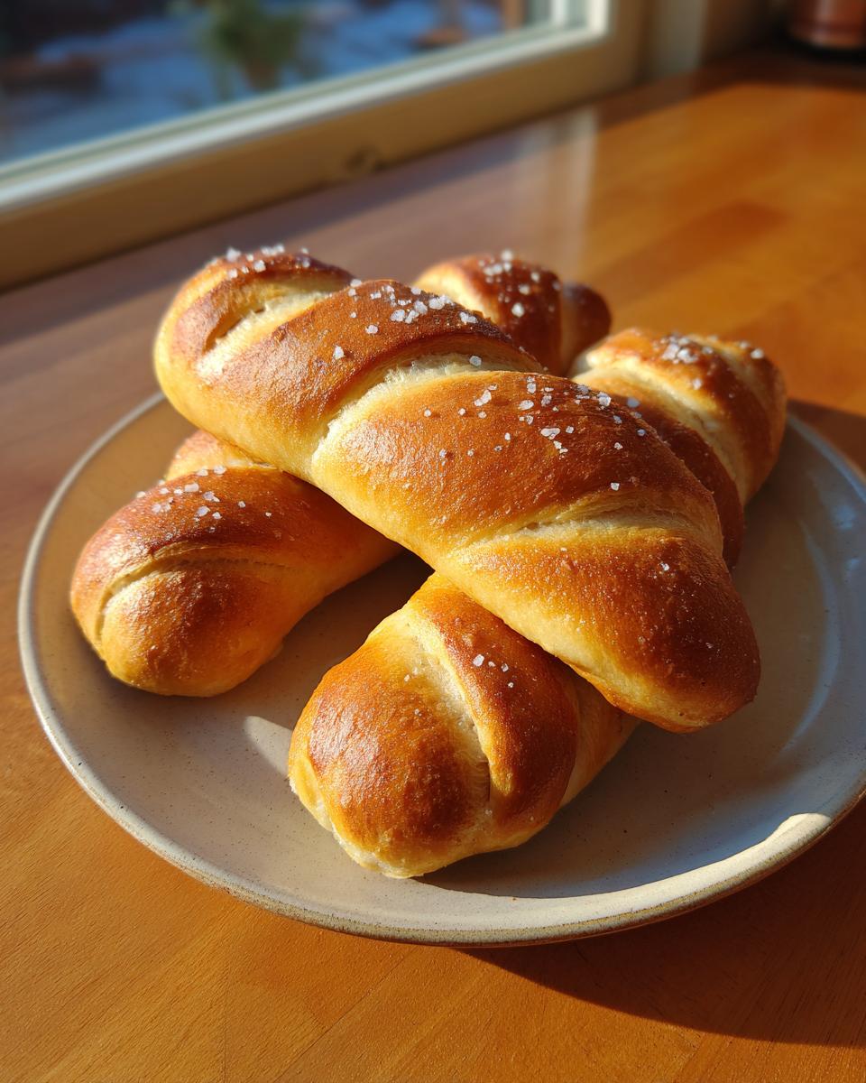 Close-up of several golden-brown, twisted pretzel dogs dough rolls sprinkled with coarse salt on a light plate.