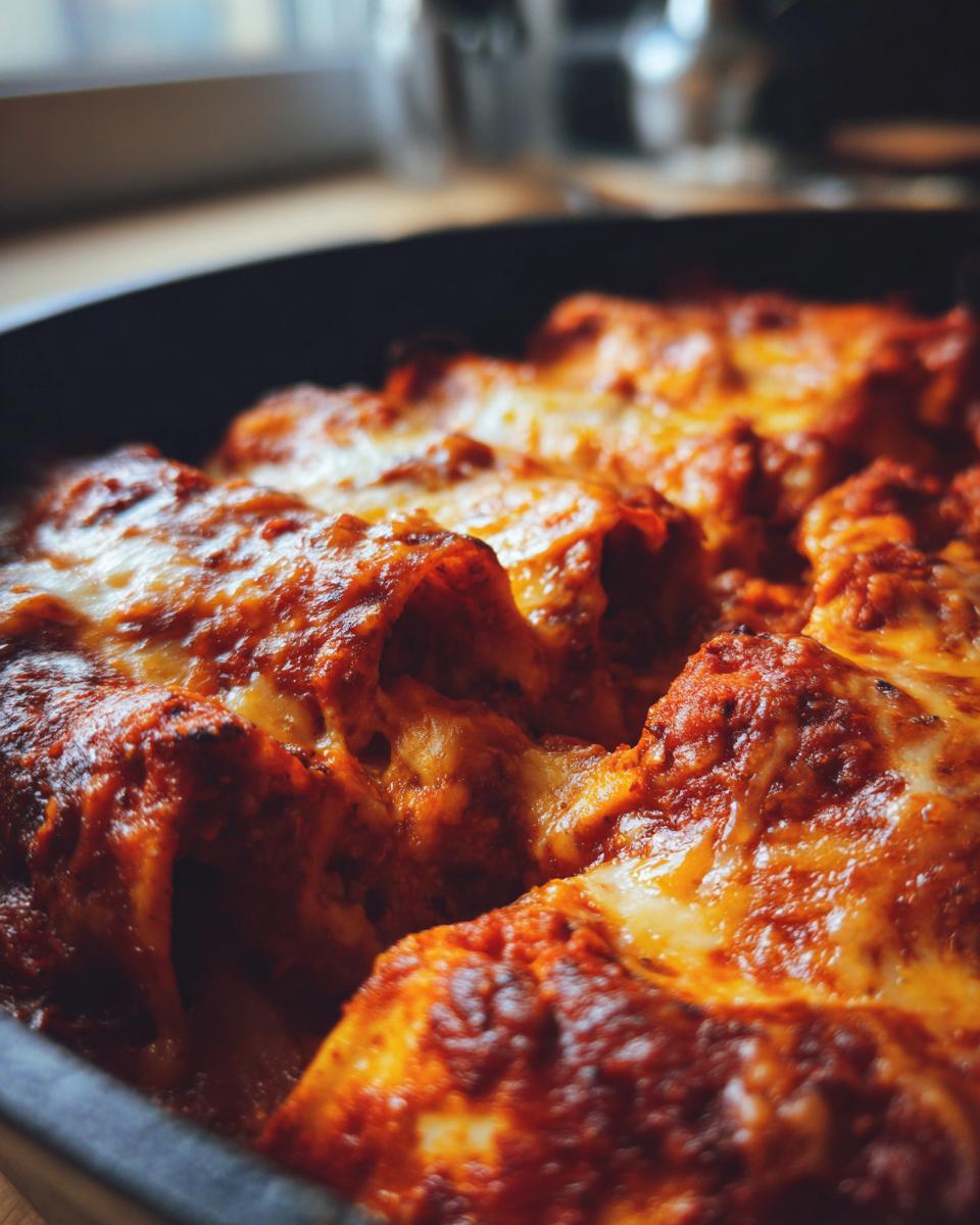 Close-up of freshly baked, gooey cheese enchiladas covered in rich red sauce and melted cheese.