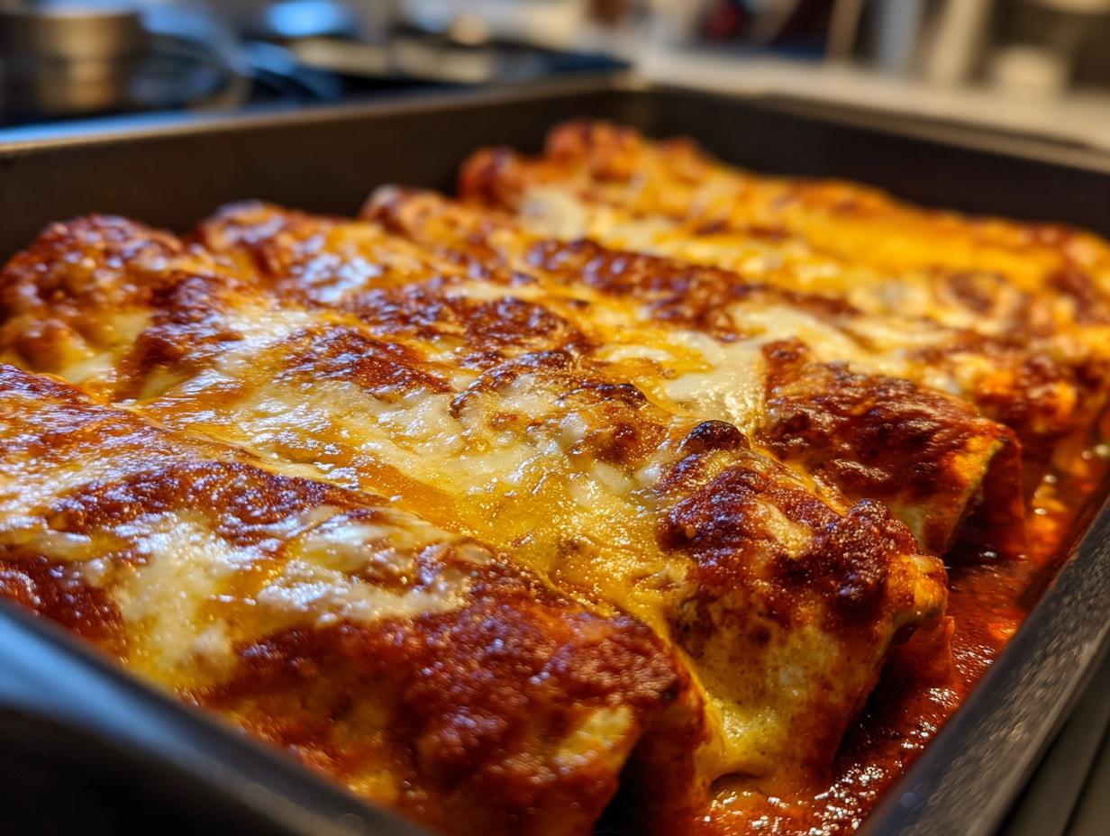 Close-up of freshly baked cheese enchiladas covered in bubbling red sauce and melted, golden cheese.