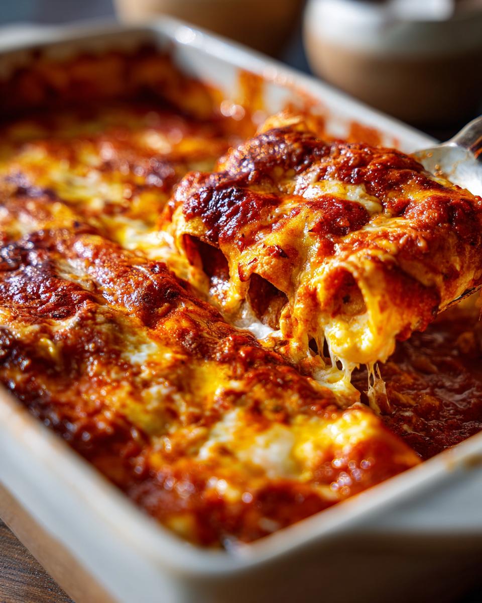 A serving spoon lifts a portion of gooey cheese enchiladas covered in rich red sauce and melted cheese.