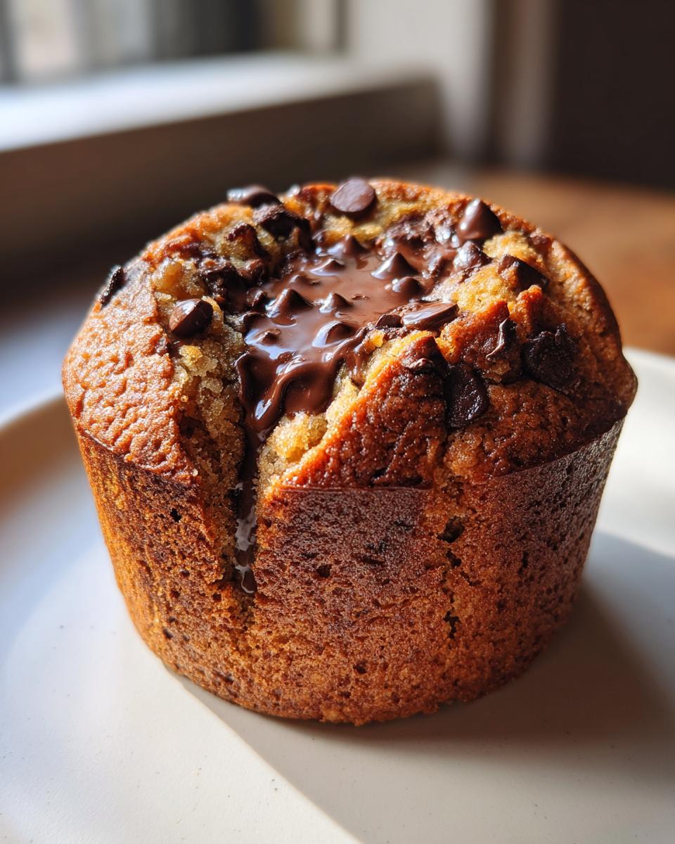 Close-up of a thick, golden-brown baked good resembling a giant cookie or muffin top with melted chocolate pooling on top, similar to levain bakery chocolate chip cookies.
