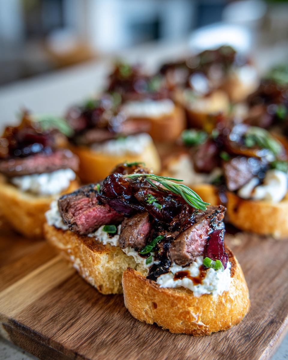 Close-up of a perfectly cooked steak crostini topped with creamy cheese, sliced steak, and caramelized onions.