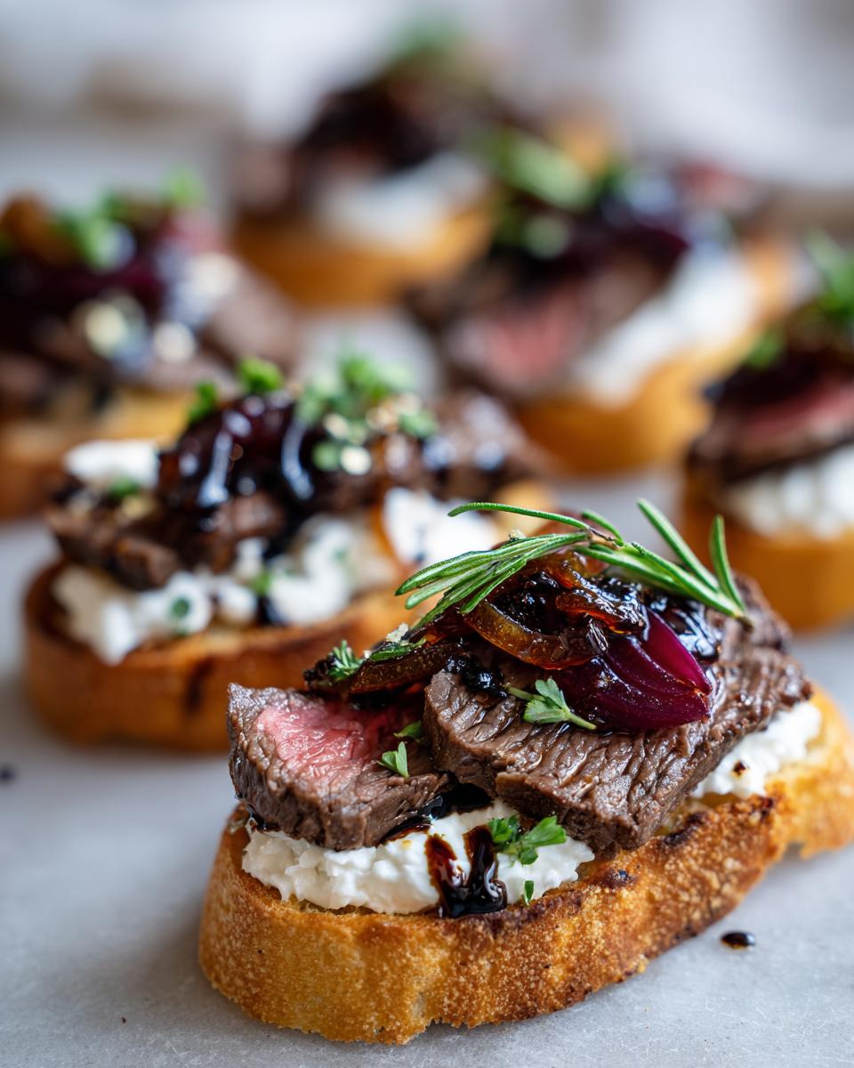 Close-up of one steak crostini topped with creamy cheese, sliced medium-rare steak, caramelized onions, and rosemary.
