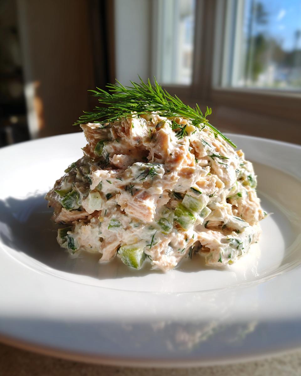 A mound of creamy healthy tuna salad mixed with green celery or cucumber, topped with fresh dill, served on a white plate.