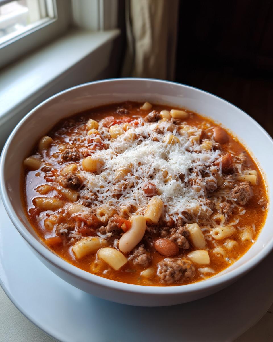 A close-up of a white bowl filled with rich pasta fagioli soup, featuring pasta, beans, ground meat, and grated Parmesan cheese.