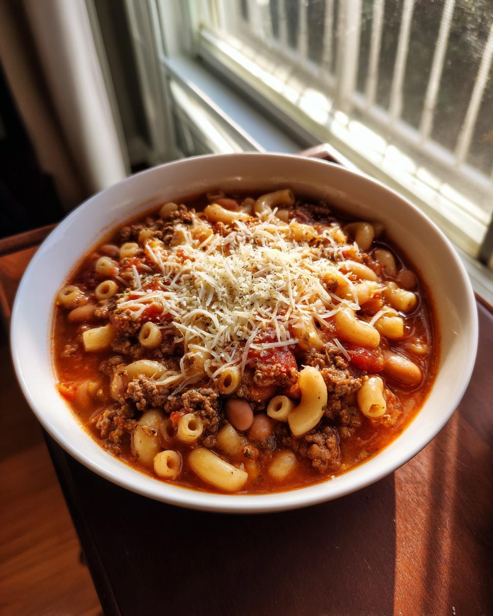 A close-up of a white bowl filled with rich pasta fagioli soup, featuring macaroni, beans, ground meat, and grated cheese.